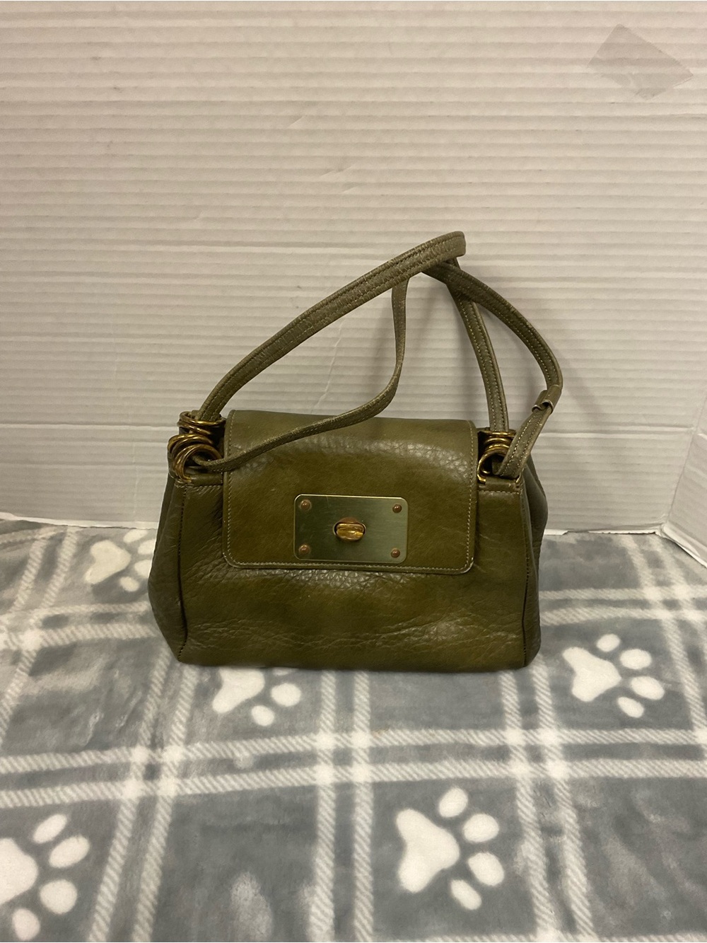 Olive Green Leather Flap Shoulder Bag with Gold Hardware